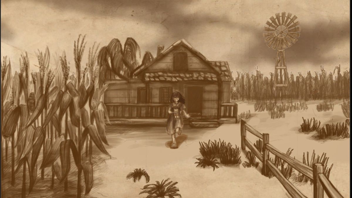 All Is Dust (Windows) screenshot: Artwork like this is used to set the story. Here it starts with the farm being prosperous, in the next scene it is definitely not - the Dust Bowl storms have arrived