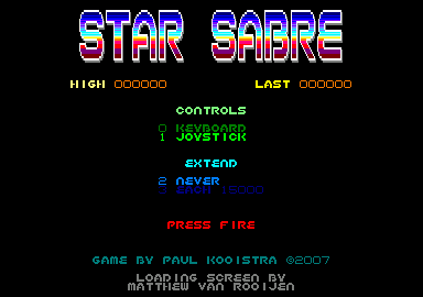 Star Sabre (Amstrad CPC) screenshot: Title screen and main menu