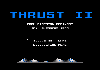 Thrust II (Amstrad CPC) screenshot: Title and main menu