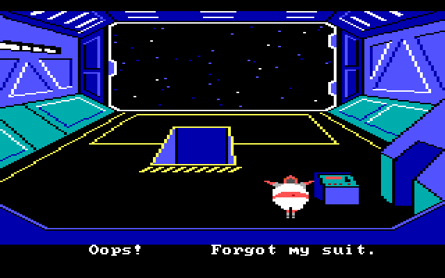 Space Quest: Chapter I - The Sarien Encounter (DOS) screenshot: Important safety tip... hard vacuum can be hazardous to your health
