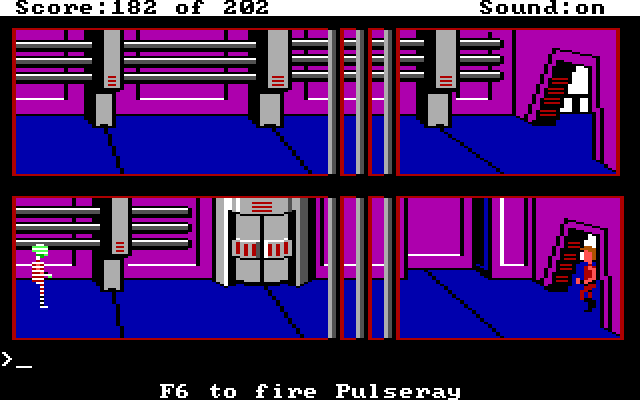 Space Quest: Chapter I - The Sarien Encounter (DOS) screenshot: Ho ho ho! Now I have a plasma gun!