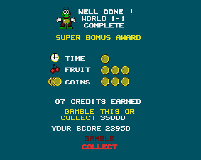 Superfrog (Amiga) screenshot: Level 1-1 finished