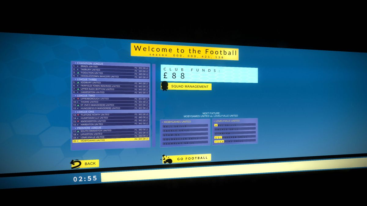 Behold the Kickmen (Windows) screenshot: Club and standings overview