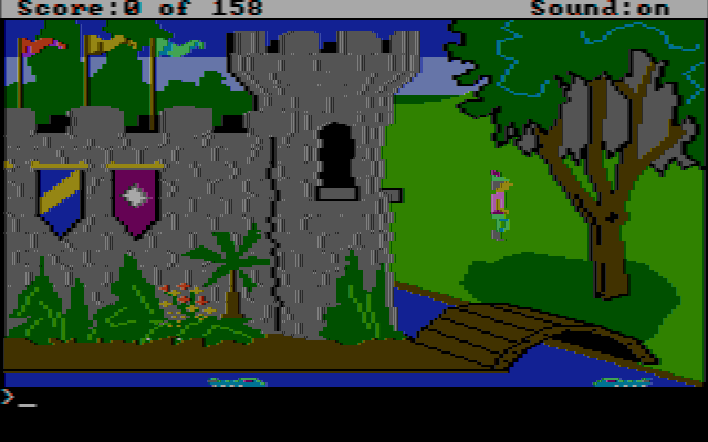 King's Quest (DOS) screenshot: Starting location: Outside the Castle (CGA w/Composite Monitor)