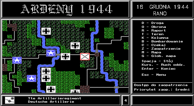 Ardeny (DOS) screenshot: Game screen, German turn - moving artillery piece
