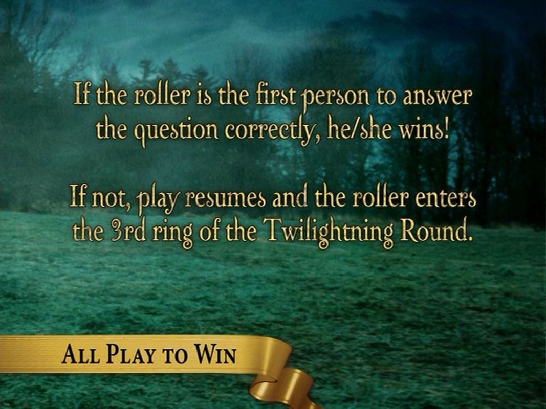 Scene It?: Twilight (DVD Player) screenshot: When a player reaches the STOP square on the board the face an All Play To Win question