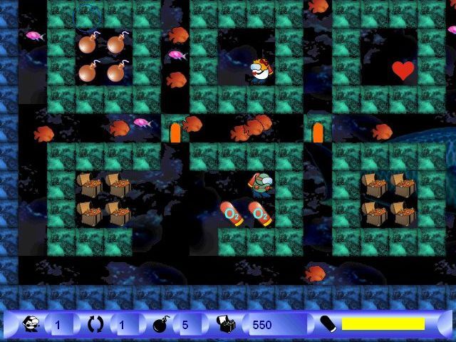 Archibald Arcade Diver (Windows) screenshot: Managed to get a bomb and blow a hole in the walls to get more air but now the plaice is swarming with deadly fish