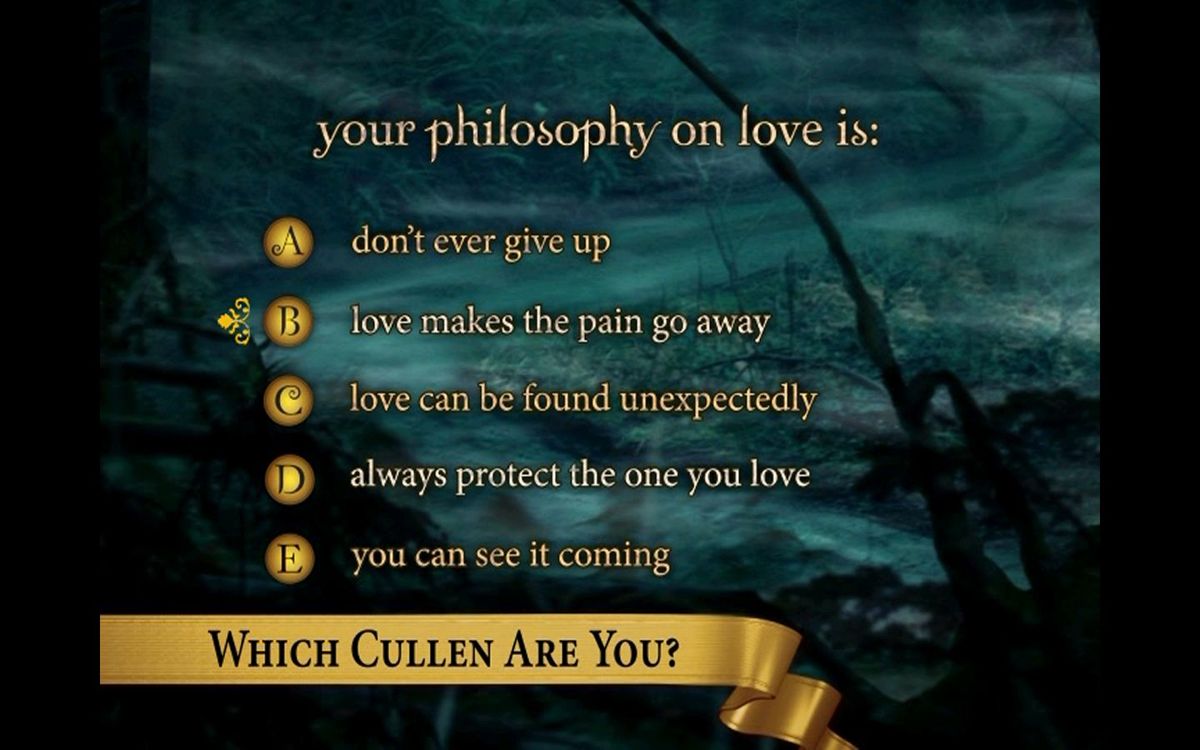 Scene It?: Twilight (DVD Player) screenshot: Bonus Activity: Which Cullen Are You?<br>The player answers five questions like this and is then told which character's personality is most like theirs