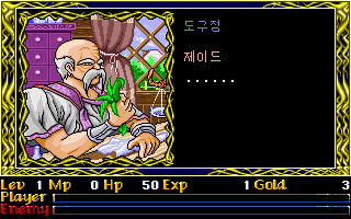 Ys II Special (DOS) screenshot: The item shop seller also doesn't have much to say
