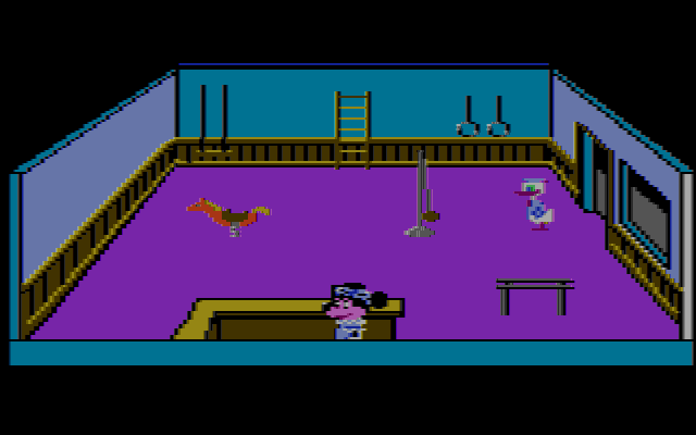 Donald Duck's Playground (PC Booter) screenshot: In this store, Minnie Mouse is the clerk. (CGA w/Composite Monitor)