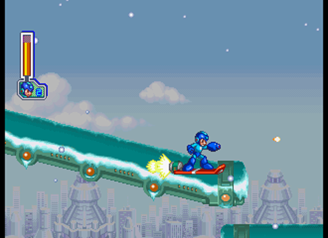 Mega Man 8: Anniversary Edition (SEGA Saturn) screenshot: An actual futuristic snowboard.