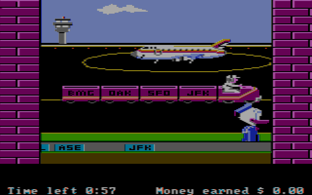 Donald Duck's Playground (PC Booter) screenshot: In the airport, you have to put the right words into the right cars. (CGA w/Composite Monitor)