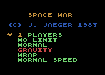 Space War (Atari 8-bit) screenshot: Title screen and game options