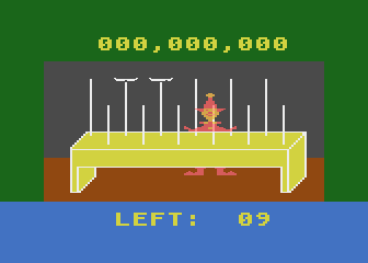 PlatterMania (Atari 8-bit) screenshot: Gameplay; so far, I have two platters going