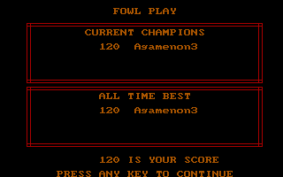 Fowl Play (DOS) screenshot: High-Scores table.