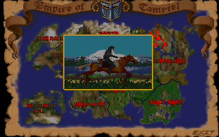 The Elder Scrolls: Arena (DOS) screenshot: Traveling screen shows you riding a horse with the map of entire Tamriel as the background