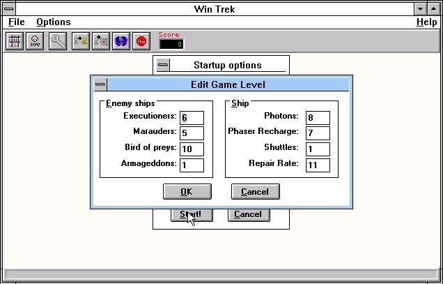 Win Trek (Windows 16-bit) screenshot: In the registered version the player can edit the game's parameters