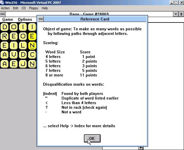 Bago (Windows 3.x) screenshot: Here game is about to start and the player has accessed the 'quick guide' via the menu bqr