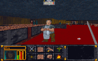 The Elder Scrolls: Arena (DOS) screenshot: Like other recurrent special buildings, taverns look the same no matter in what city you are. You'll always meet this bartender and ask him about rumors and work