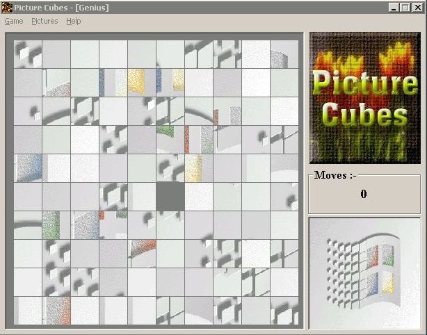 Picture Cubes (Windows) screenshot: This is the game at its most difficult setting. Instead of a supplied picture it's usung the computer's wallpaper - recognise the windows logo?