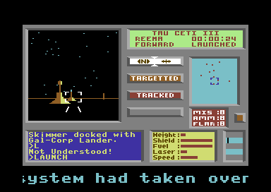 Tau Ceti: The Lost Star Colony (Commodore 64) screenshot: Firing my lasers