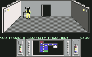 Infiltrator (Commodore 64) screenshot: Mission 1 - Found the security passcard.