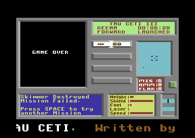 Tau Ceti: The Lost Star Colony (Commodore 64) screenshot: Skimmer destroyed. Mission failed. Game over.