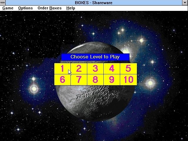 Boxes (Windows 16-bit) screenshot: The shareware game has ten levels, the full game has one hundred and fifty