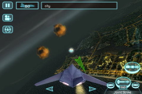 Tom Clancy's H.A.W.X (iPhone) screenshot: F-117 over the city