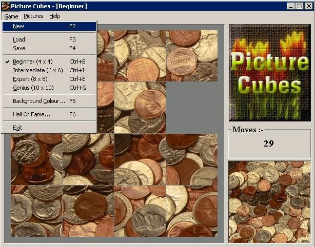 Picture Cubes (Windows) screenshot: The game configuration options are tucked away in the menu bar