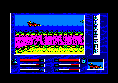 MASK Two Two (Amstrad CPC) screenshot: In Bruce Sato's Rhino A. T. V. Not seen in the toys or TV show. Rhino was a tractor-trailer as a toy and in the TV show.