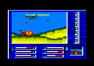MASK Two Two (Amstrad CPC) screenshot: I have grabbed extra armor but I am taking hits from Miles Mayhem's Switchblade.