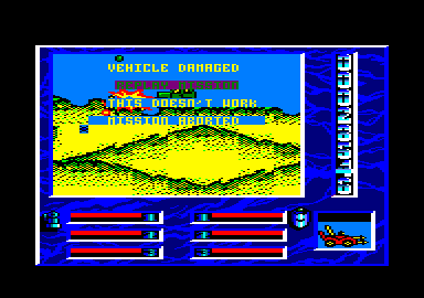 MASK Two Two (Amstrad CPC) screenshot: I have lost all three vehicles. Mission aborted.