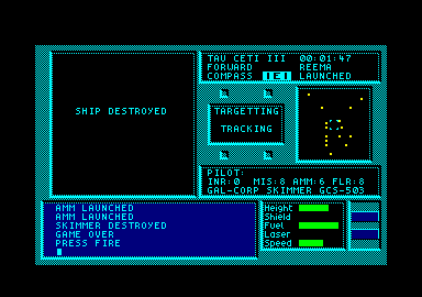 Tau Ceti: The Lost Star Colony (Amstrad CPC) screenshot: The ship was destroyed.