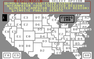 Election Trail (Commodore 64) screenshot: Options for the states