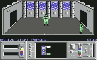 Infiltrator II (Commodore 64) screenshot: Mission 1 - A chemical mixing room.