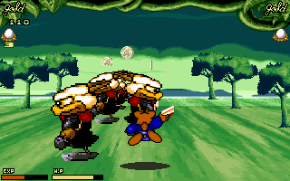 Olmang Jolmang Paradise (DOS) screenshot: Pee executes his special attack: a squad of tough guys appear!
