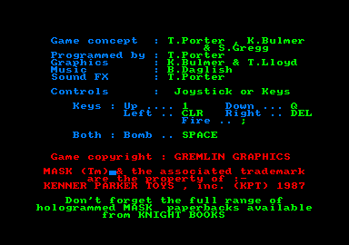 MASK (Amstrad CPC) screenshot: Credits and instructions