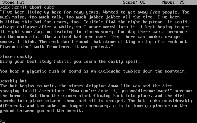 Spellbreaker (DOS) screenshot: Fixing the nasty old hermit's hut.