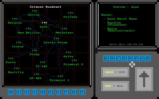 Ascii Sector (DOS) screenshot: Navigational computer with starmap