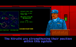 Wing Commander (DOS) screenshot: The colonel gives a briefing before every mission. (VGA)
