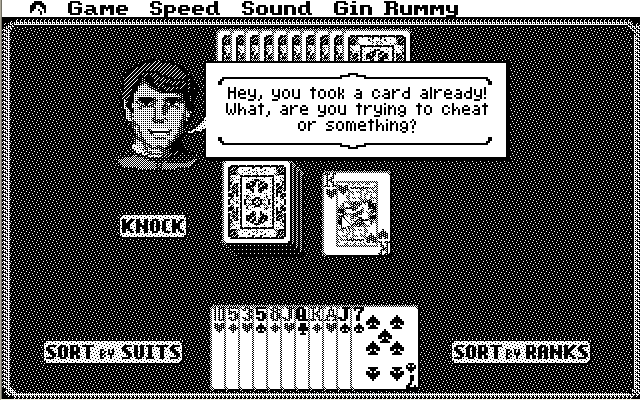 Hoyle: Official Book of Games - Volume 1 (Atari ST) screenshot: Roger Wilco making sure I abide by the rules in this game of Gin Rummy (high resolution)