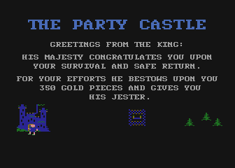 Trivia Quest (Atari 8-bit) screenshot: The page has arrived at the "Party Castle", and gets quite a reward