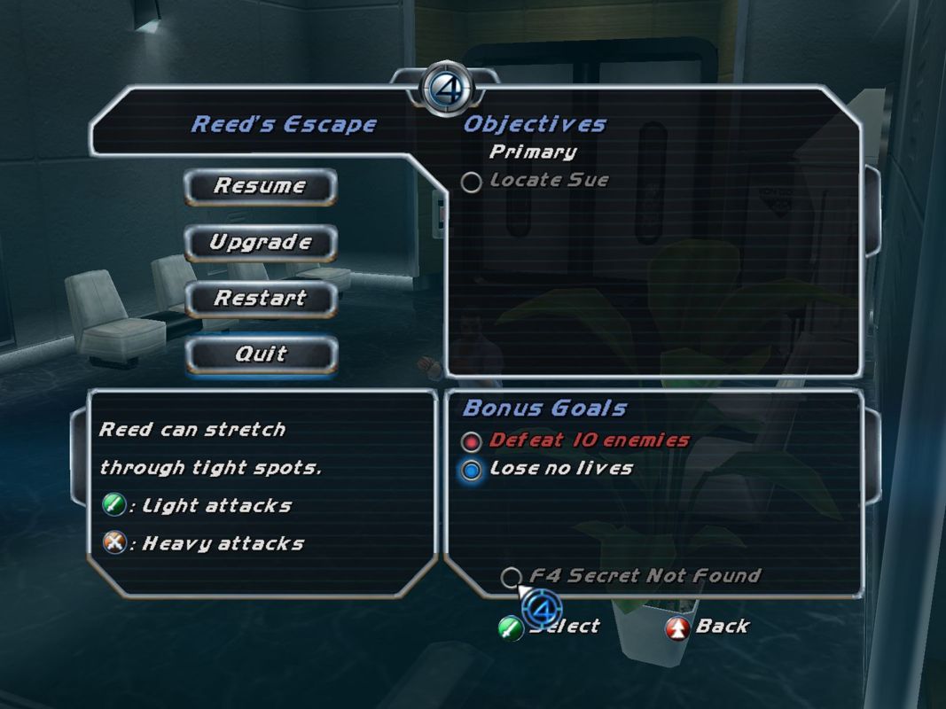 Fantastic 4 (Windows) screenshot: Mission objectives can be examined at any time. These are the objectives for mission 2