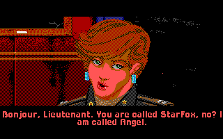 Wing Commander (DOS) screenshot: Talking with Angel. (EGA)