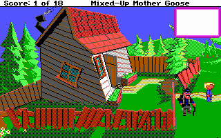 Mixed-Up Mother Goose (DOS) screenshot: This sure is a crooked old house (EGA/Tandy/MCGA)