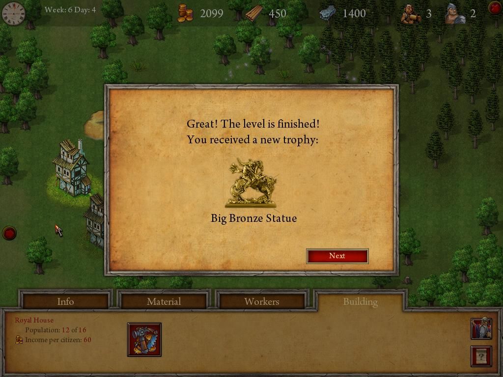 Be a King (Windows) screenshot: I won a trophy, the Big Bronze Statue. (v1.2)