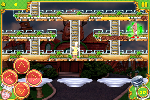 BurgerTime Deluxe (iPhone) screenshot: The goal is to fill those plates with tasty burgers.