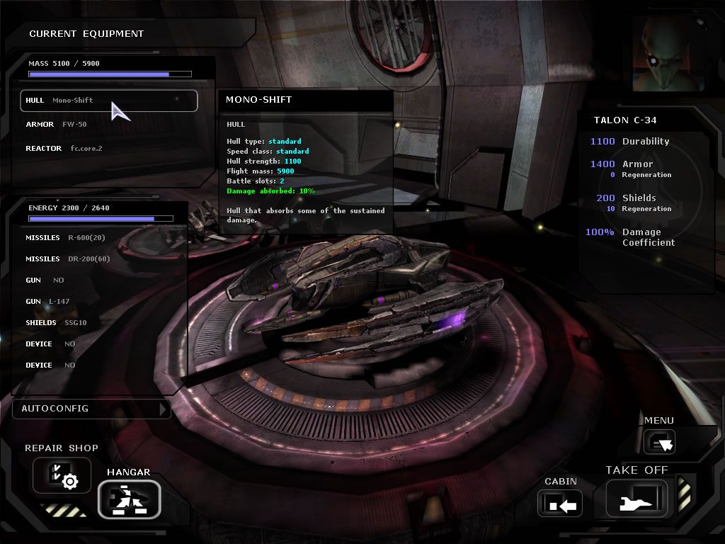 Dark Horizon (Windows) screenshot: The hangar where you can customize your ship.