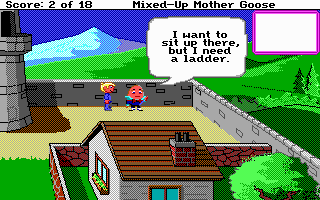 Mixed-Up Mother Goose (DOS) screenshot: Humpty Dumpty needs a ladder (EGA/Tandy/MCGA)